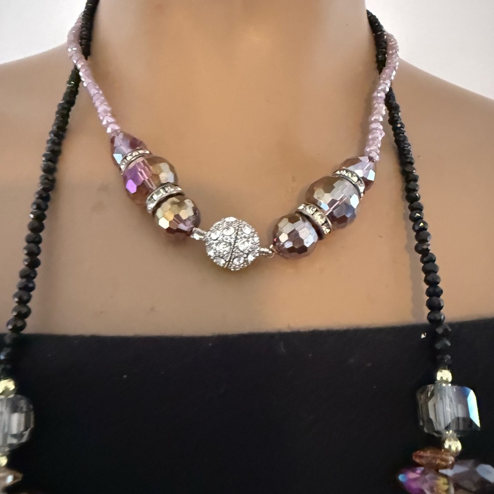 Layered Necklace Rhinestone Black Lavender Crystal Bead Hi-Lo Handmade Designer - Picture 4 of 10